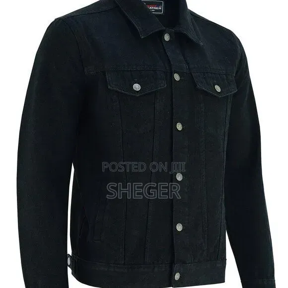 Men's Black "Heavy Duty" Denim Jacket Buttoned Front Full Sleeve