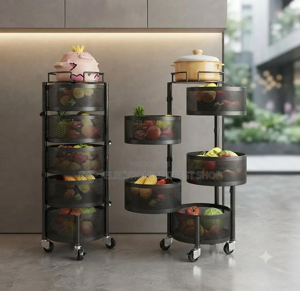 Kitchen Storage Rack With Wheels 5 Spacious Rotating Mesh Baskets