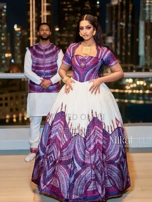 Elegant Ethiopian Habesha Kemis With Traditional Blue Red Tibeb