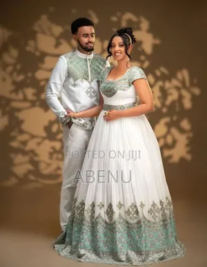 Elegant Ethiopian Traditional Couple Wear | White Mint Green Habesha