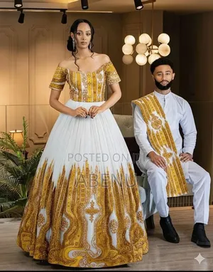 Elegant Ethiopian Traditional Couple Wear | White Mint Green Habtesh