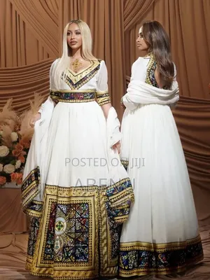 Elegant White Blue Habesha Kemis – Ethiopian Traditional Dress