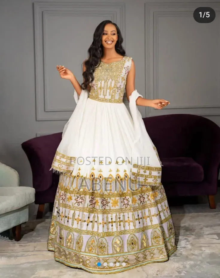 Elegant White Gold Ethiopian Habesha Kemis