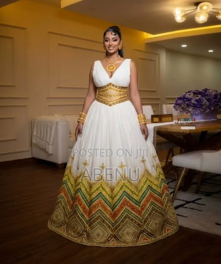 Elegant White Gold Habesha Kemis Ethiopian Traditional Dress