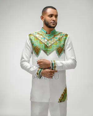 Elegant White Gold Habesha Men's Traditional Shirt | Ethiopian Cultu