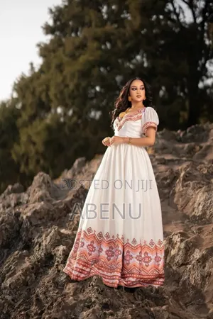 Elegant White Terracotta Habesha Kemis – Ethiopian Traditional Dress