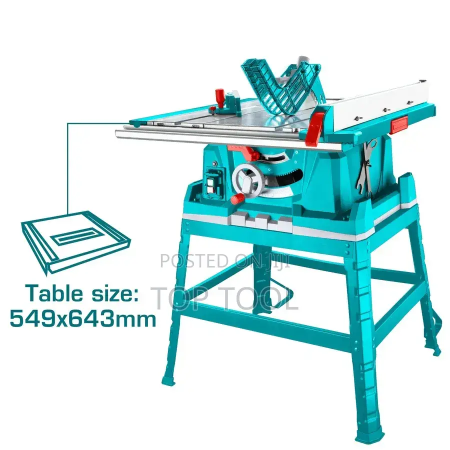 TOTAL TS526043 Industrial Table Saw With a Turquoise Housing.