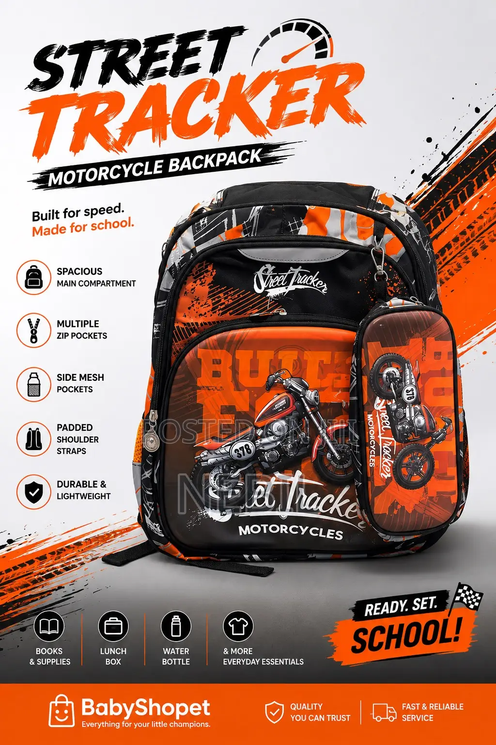 Street Tracker Motorcycle School Backpack for Boys