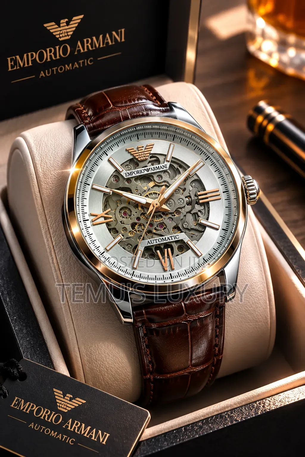 Emporio Armani Automatic Skeleton Watch – Silver Gold Luxury