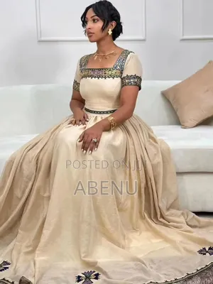 Elegant Beige Ethiopian Habesha Kemis With Traditional Embroidery