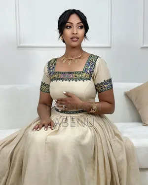 Elegant Beige Ethiopian Habesha Kemis With Traditional Embroidery