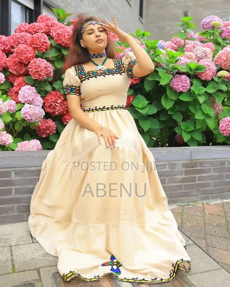 Elegant Beige Ethiopian Habesha Kemis With Traditional Embroidery