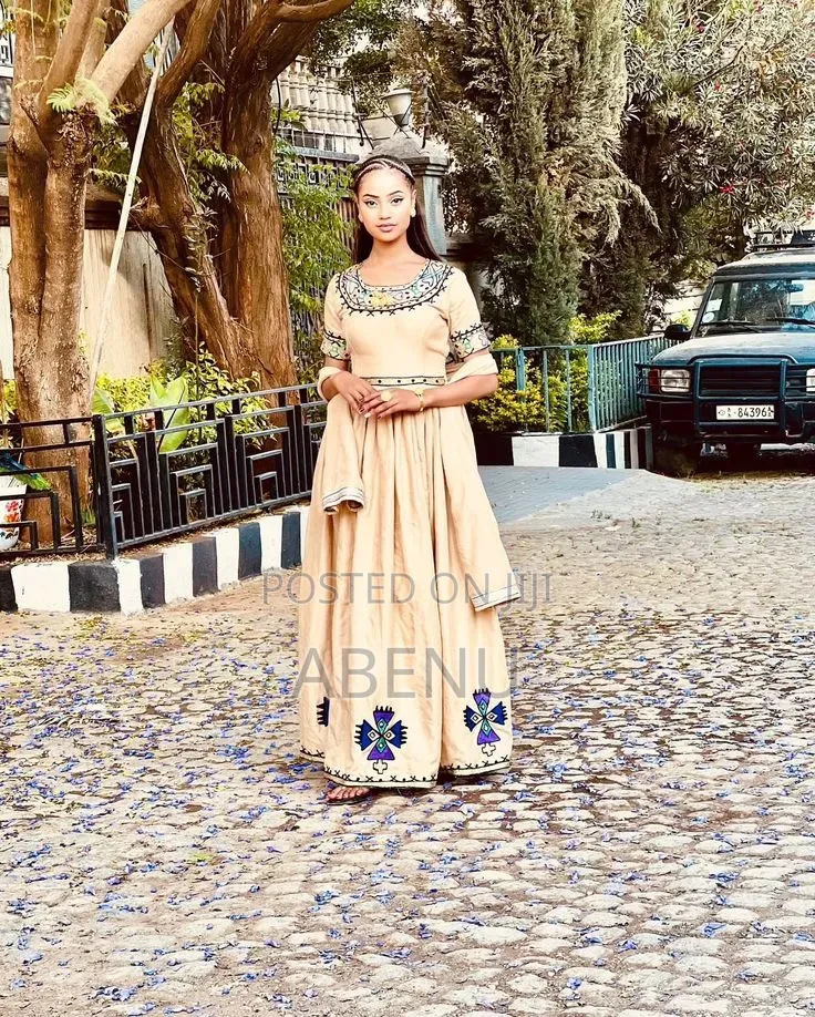 Elegant Beige Ethiopian Habesha Kemis With Traditional Embroidery