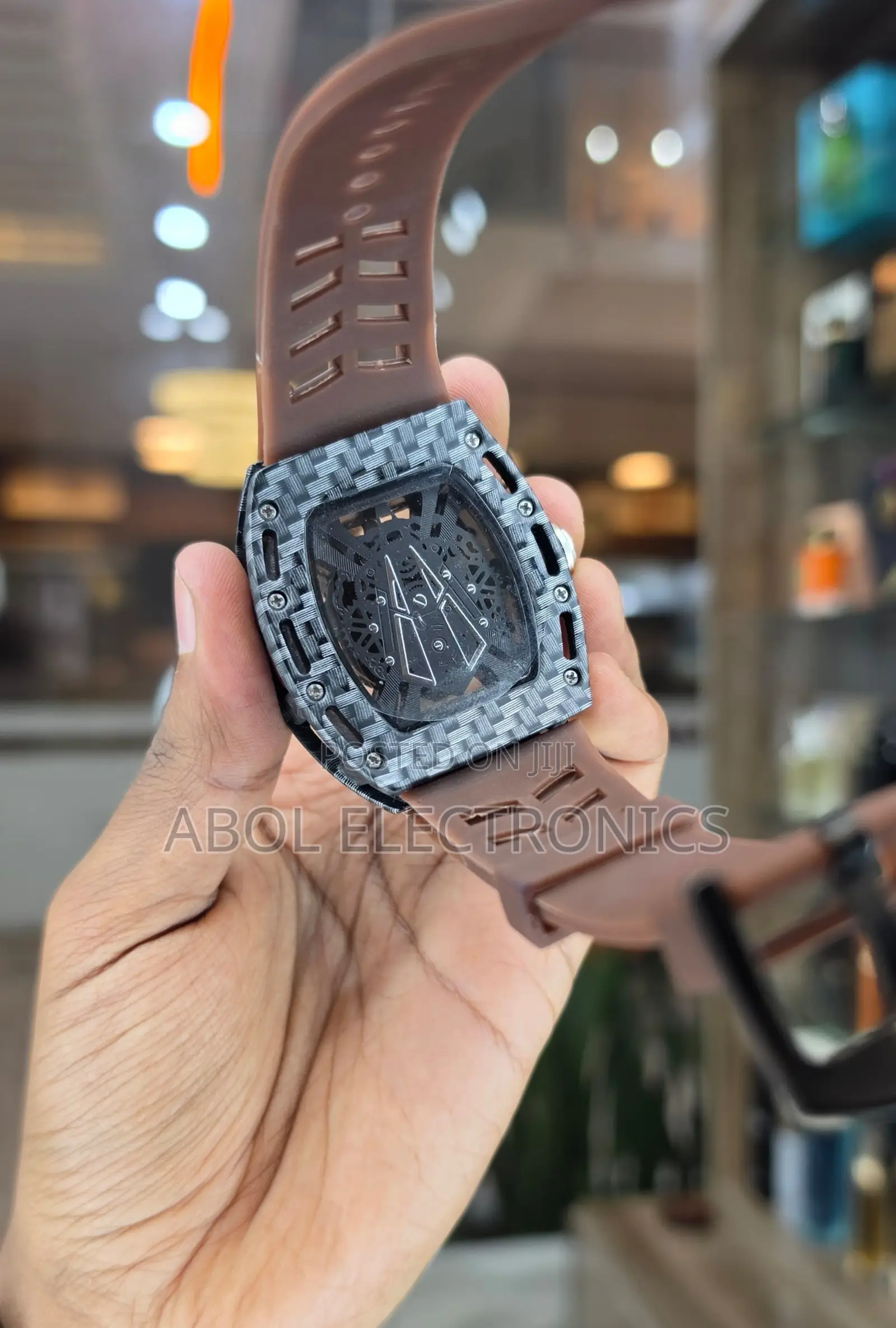 Tubular Carbon Pattern Skeleton Automatic Watch – Brown Rubber Strap