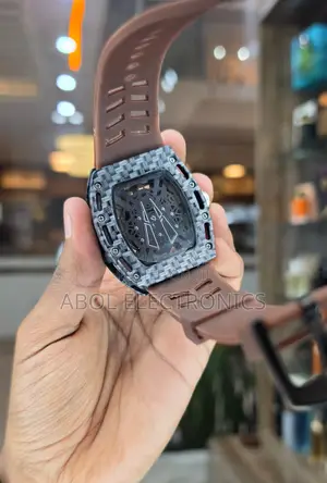 Tubular Carbon Pattern Skeleton Automatic Watch – Brown Rubber Strap