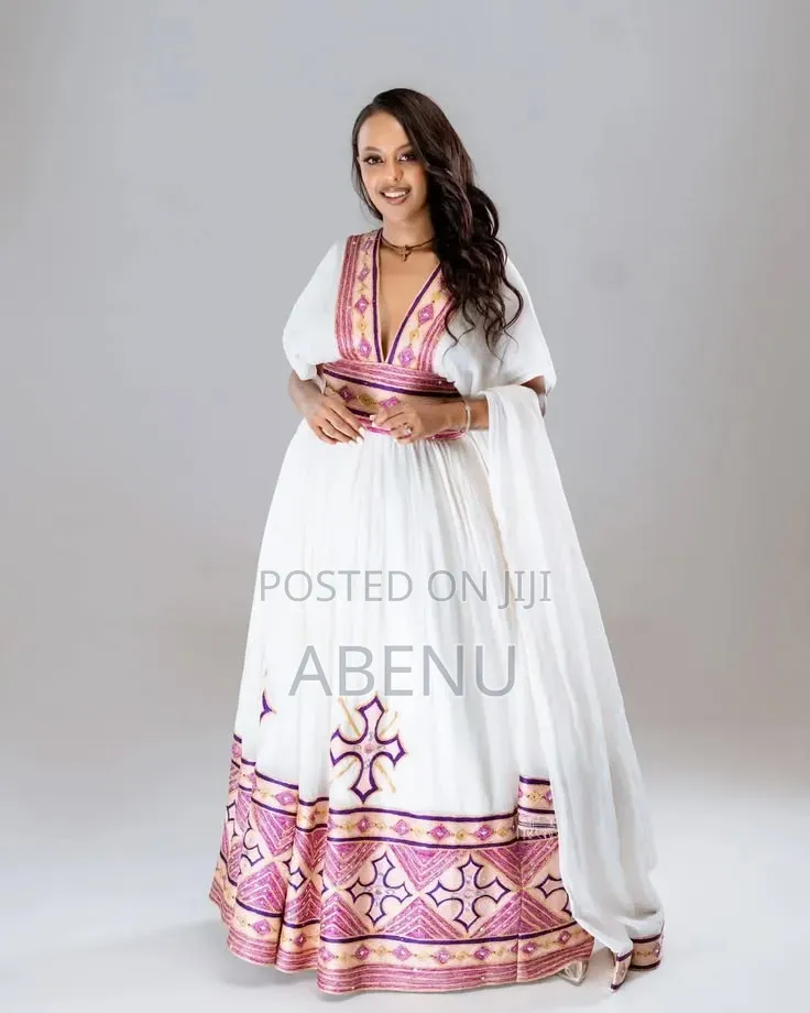 Elegant White Habesha Kemis With Pink Gold Embroidery