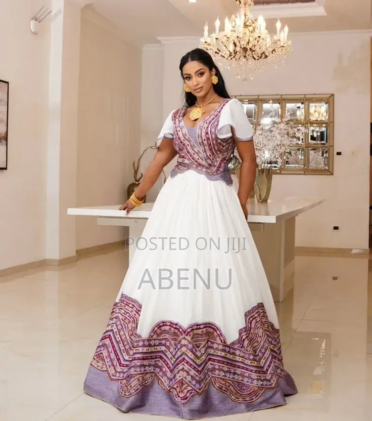 Elegant White Habesha Kemis With Pink Gold Embroidery