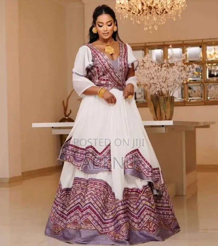 Elegant White Habesha Kemis With Pink Gold Embroidery