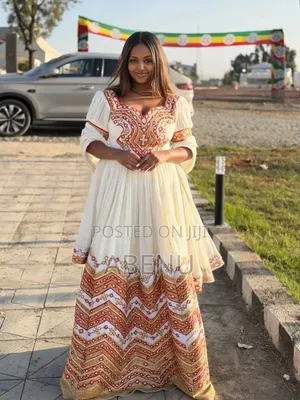 Elegant Ethiopian Habesha Kemis With Red Gold Embroidery