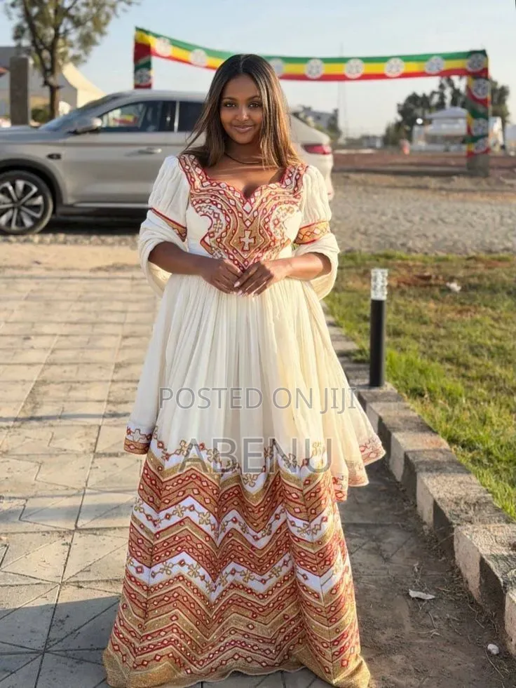 Elegant Ethiopian Habesha Kemis With Red Gold Embroidery