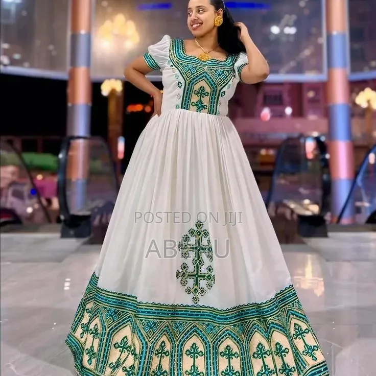 Elegant Ethiopian Habesha Kemis With Red Gold Embroidery