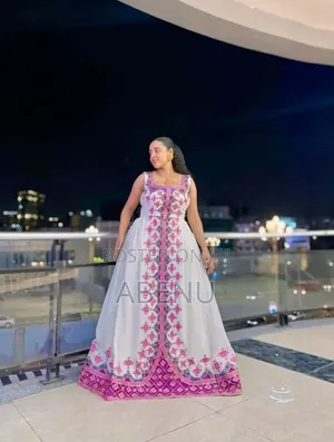 Elegant White Pink Ethiopian Habesha Kemis