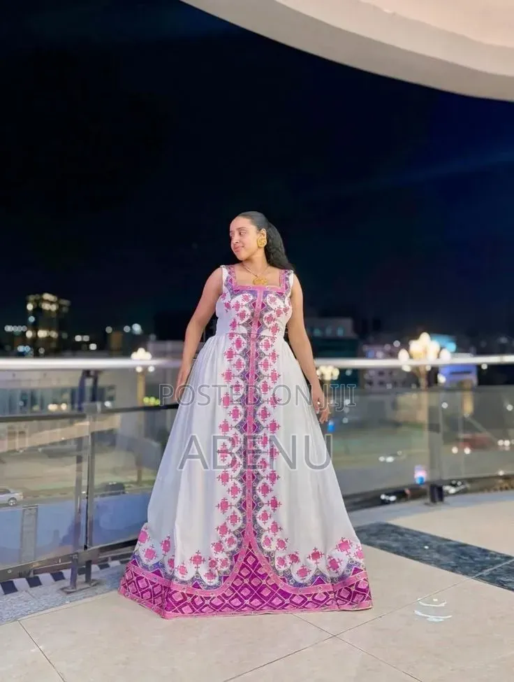 Elegant White Pink Ethiopian Habesha Kemis