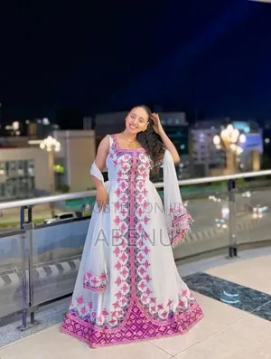 Elegant White Pink Ethiopian Habesha Kemis