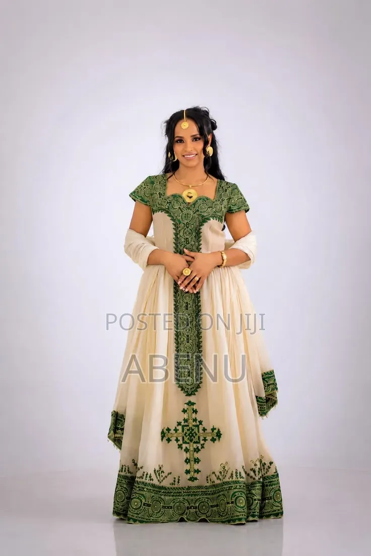 Elegant Green Ivory Ethiopian Habesha Kemis