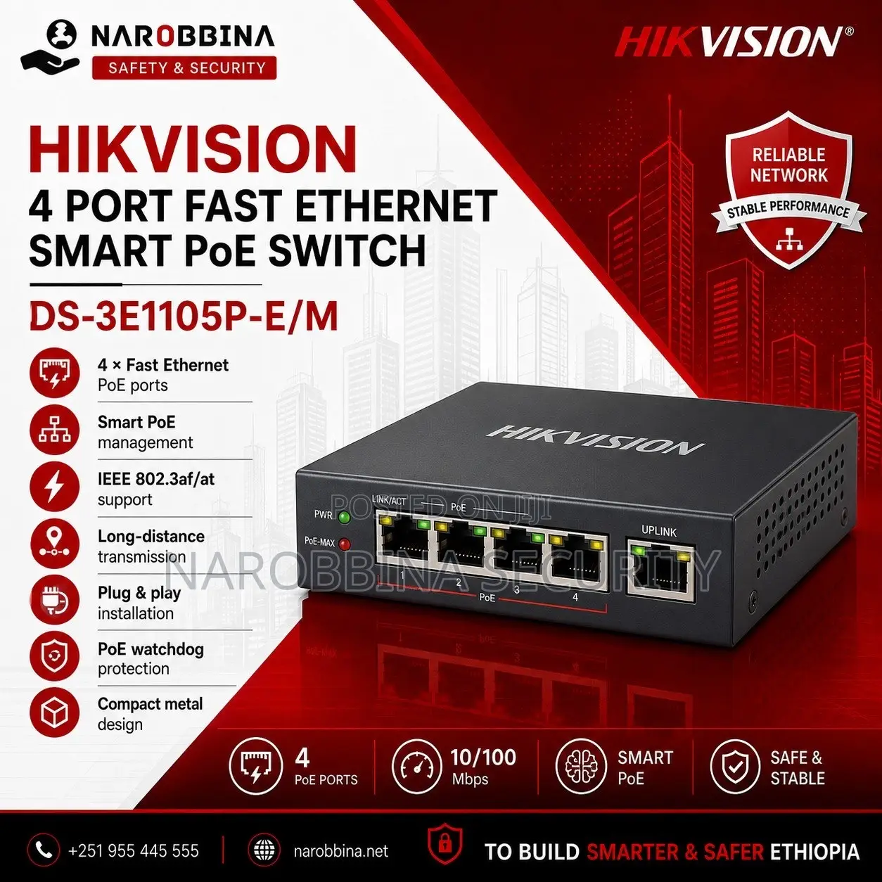 Hikvisio 4-Port Fast Ethernet Smart PoE Switch