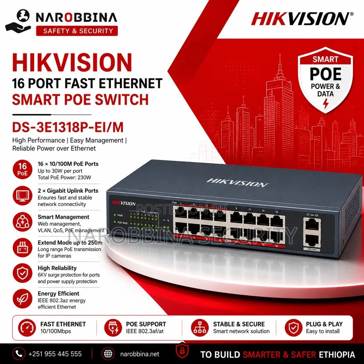 Hikvision 16-Port Fast Ethernet Smart PoE Switch