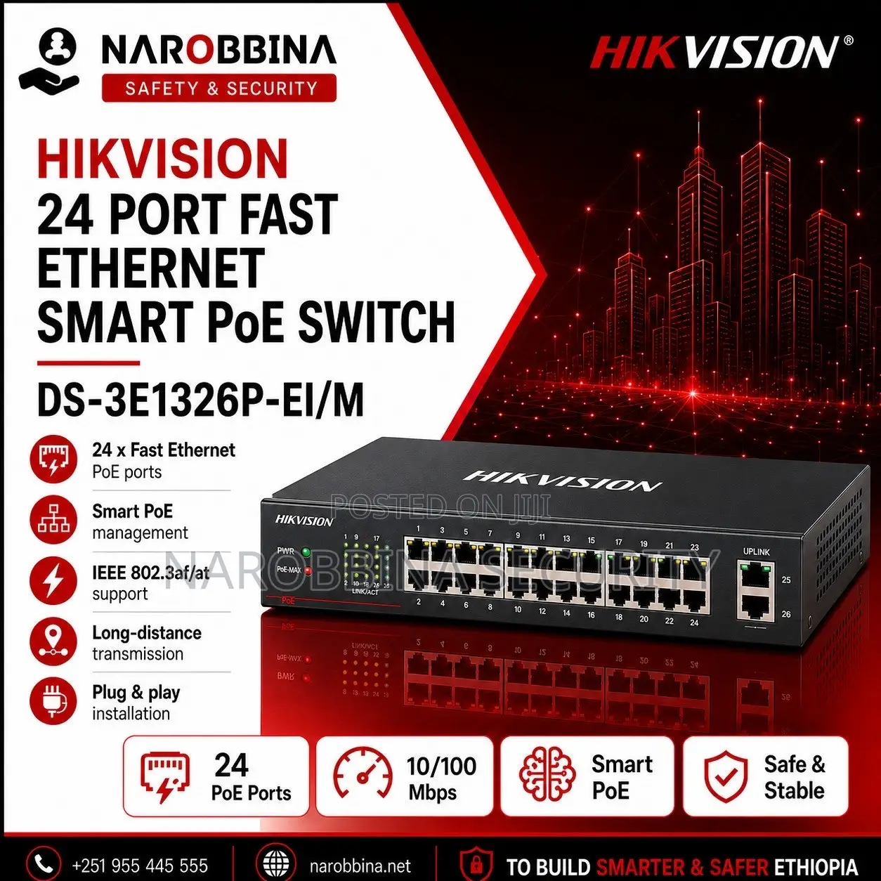 Hikvision 24-Port Fast Ethernet Smart Managed PoE Switch