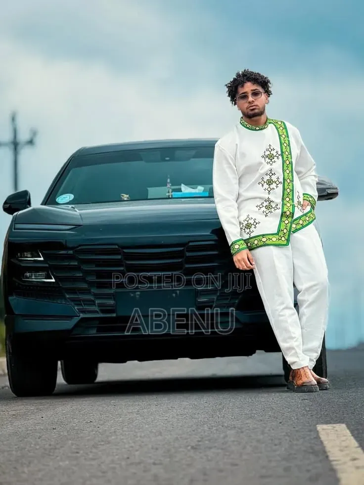 Elegant Ethiopian Habesha Men’s Traditional Outfit With Green Embroide