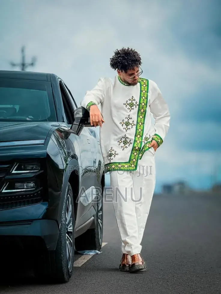 Elegant Ethiopian Habesha Men’s Traditional Outfit With Green Embroide
