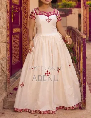 Elegant White Habesha Kemis With Burgundy Embroidery