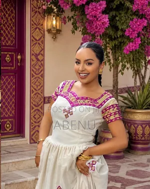Elegant White Habesha Kemis With Burgundy Embroidery