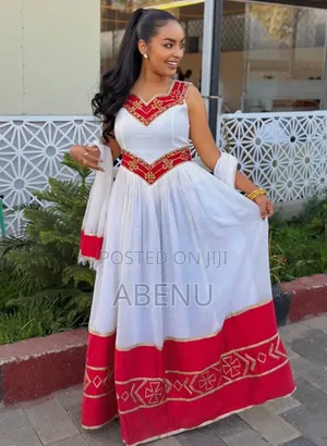Elegant White Habesha Kemis With Burgundy Embroidery