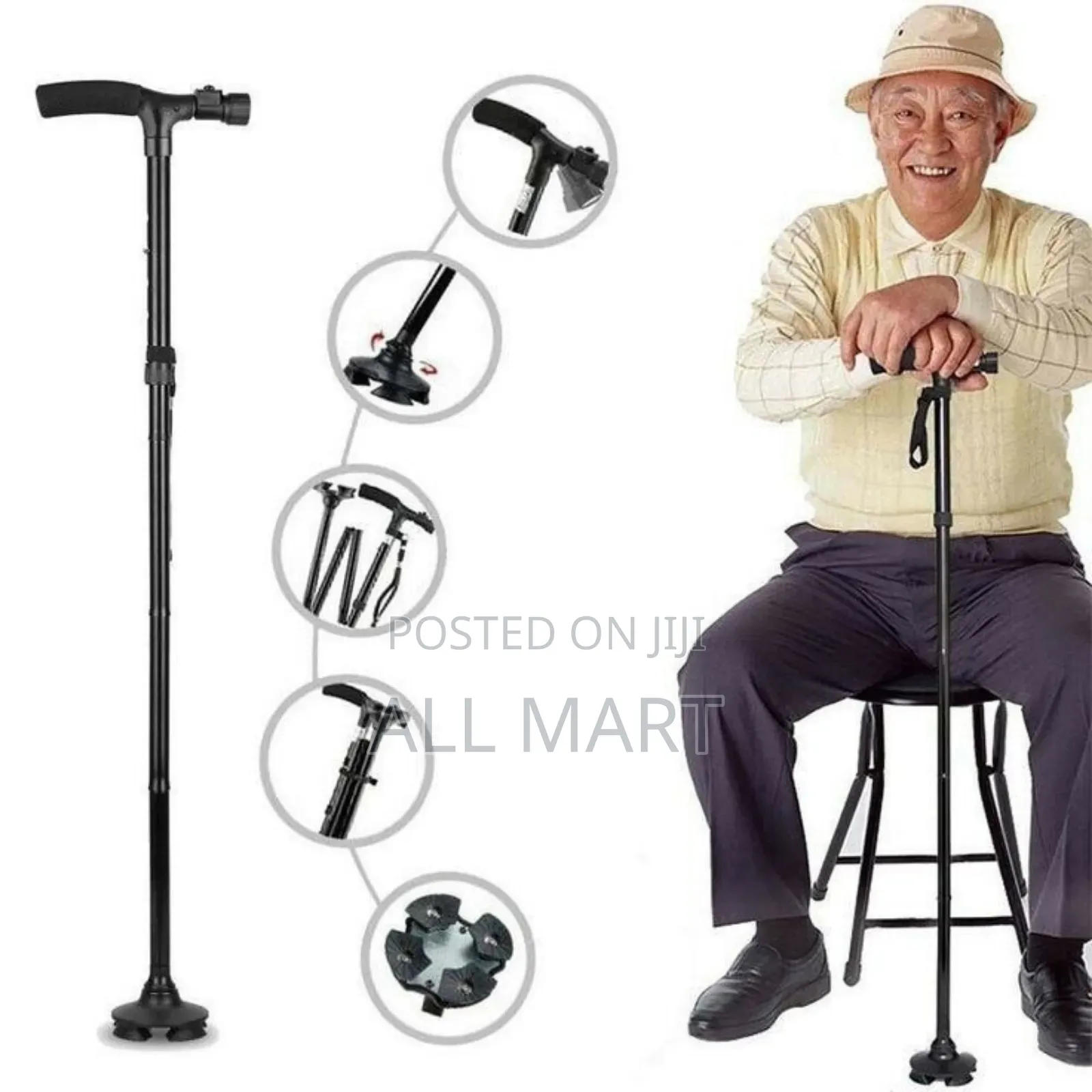 ,4-Step Adjustable Telescopic Hiking Walking Stick With Led Flashlight