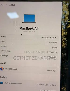 New Laptop Apple MacBook Air 2025 M4 16GB Apple M4 SSD 256GB