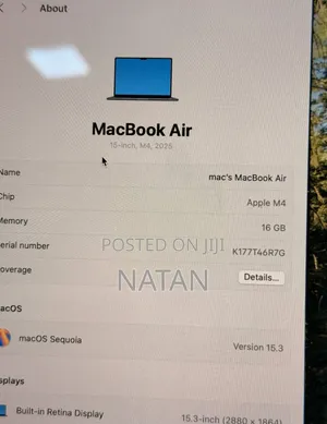 New Laptop Apple MacBook Air 2025 M4 16GB Apple M4 SSD 256GB