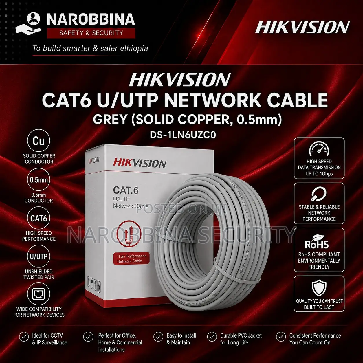 Hikvision CAT6 U/Utp Solid Copper Network Cable Grey – 305M