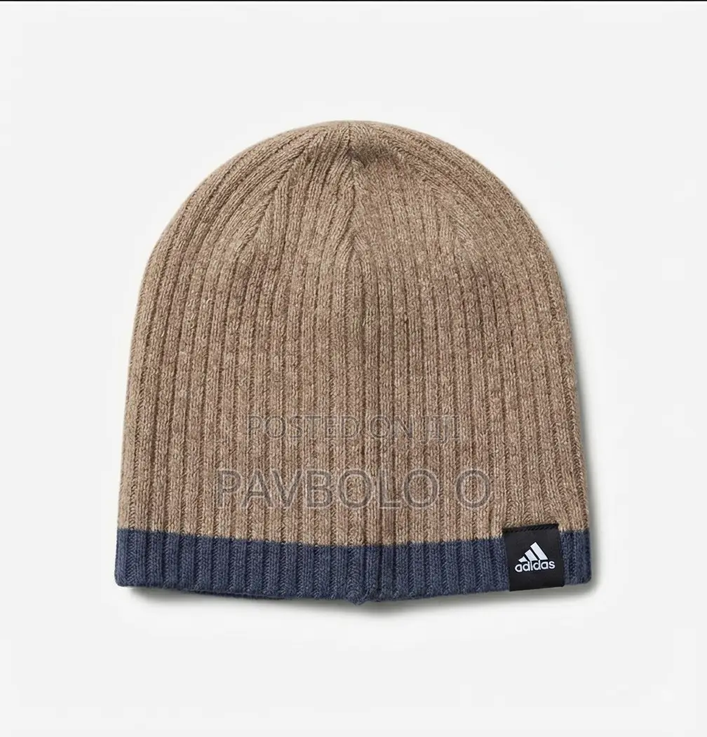 Title: Adidas Ribbed Knit Beanie Hat With Contrast Trim (Tan/Blue)