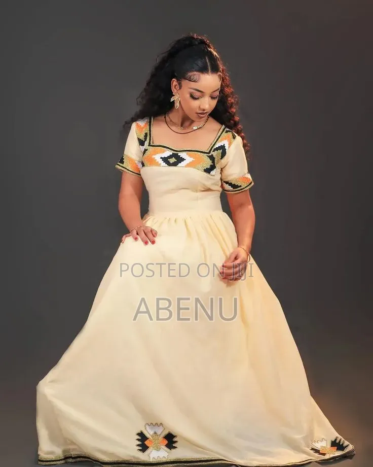 Elegant Cream Ethiopian Habesha Kemis With Traditional Embroidery