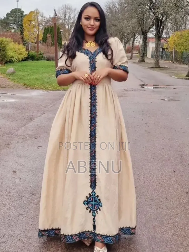 Elegant Cream Ethiopian Habesha Kemis With Traditional Embroidery