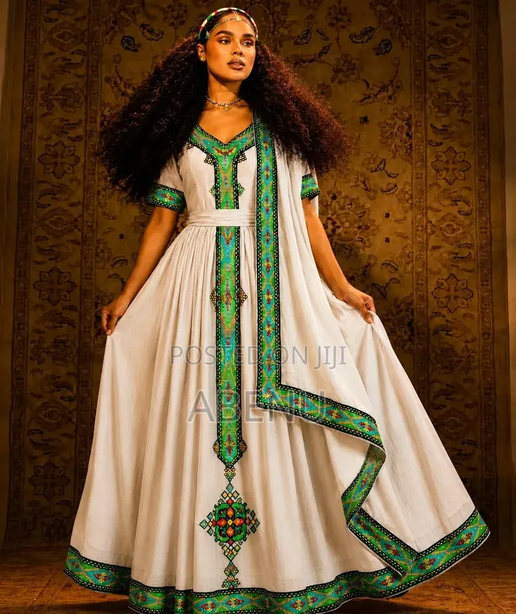 Elegant Cream Ethiopian Habesha Kemis With Traditional Embroidery