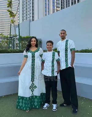 Elegant Green White Ethiopian Family Traditional Wear