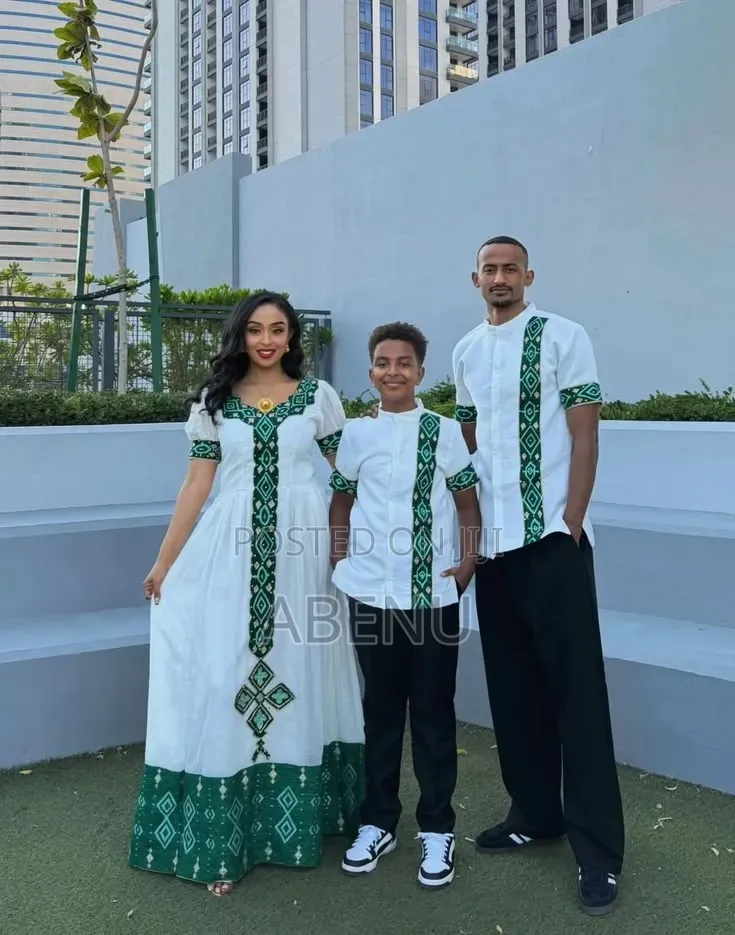 Elegant Green White Ethiopian Family Traditional Wear