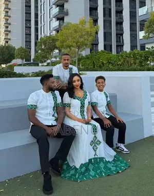 Elegant Green White Ethiopian Family Traditional Wear