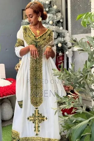 Elegant Green White Ethiopian Family Traditional Wear