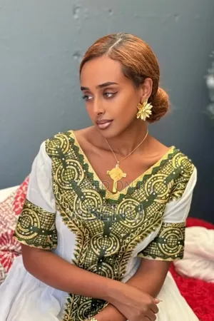 Elegant Green White Ethiopian Family Traditional Wear